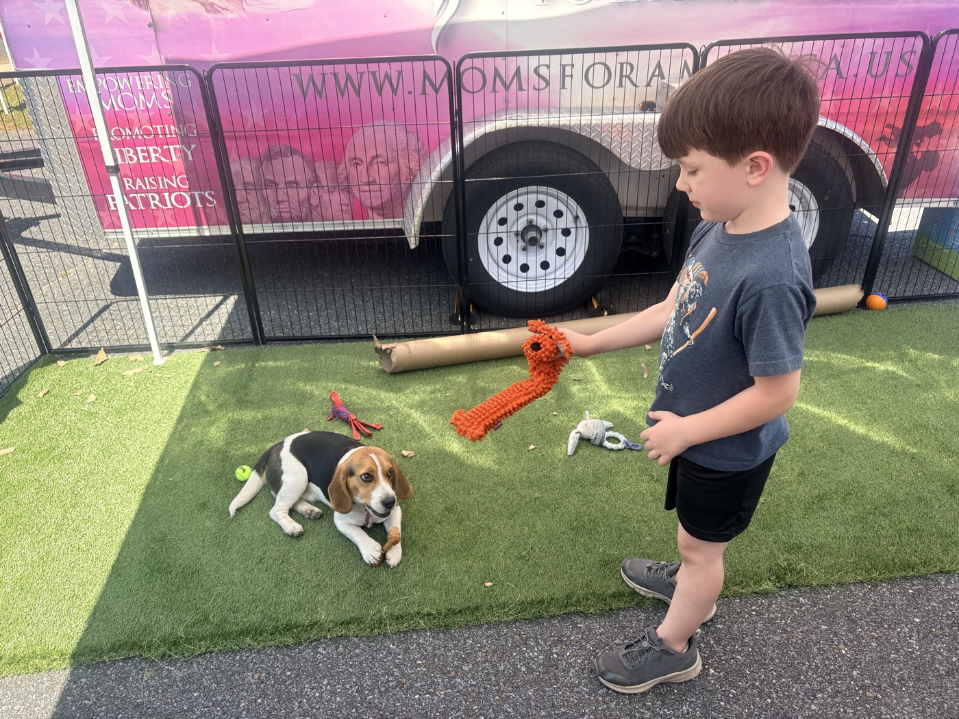 A young visitor plays with Liberty the Beagle at the tour trailer